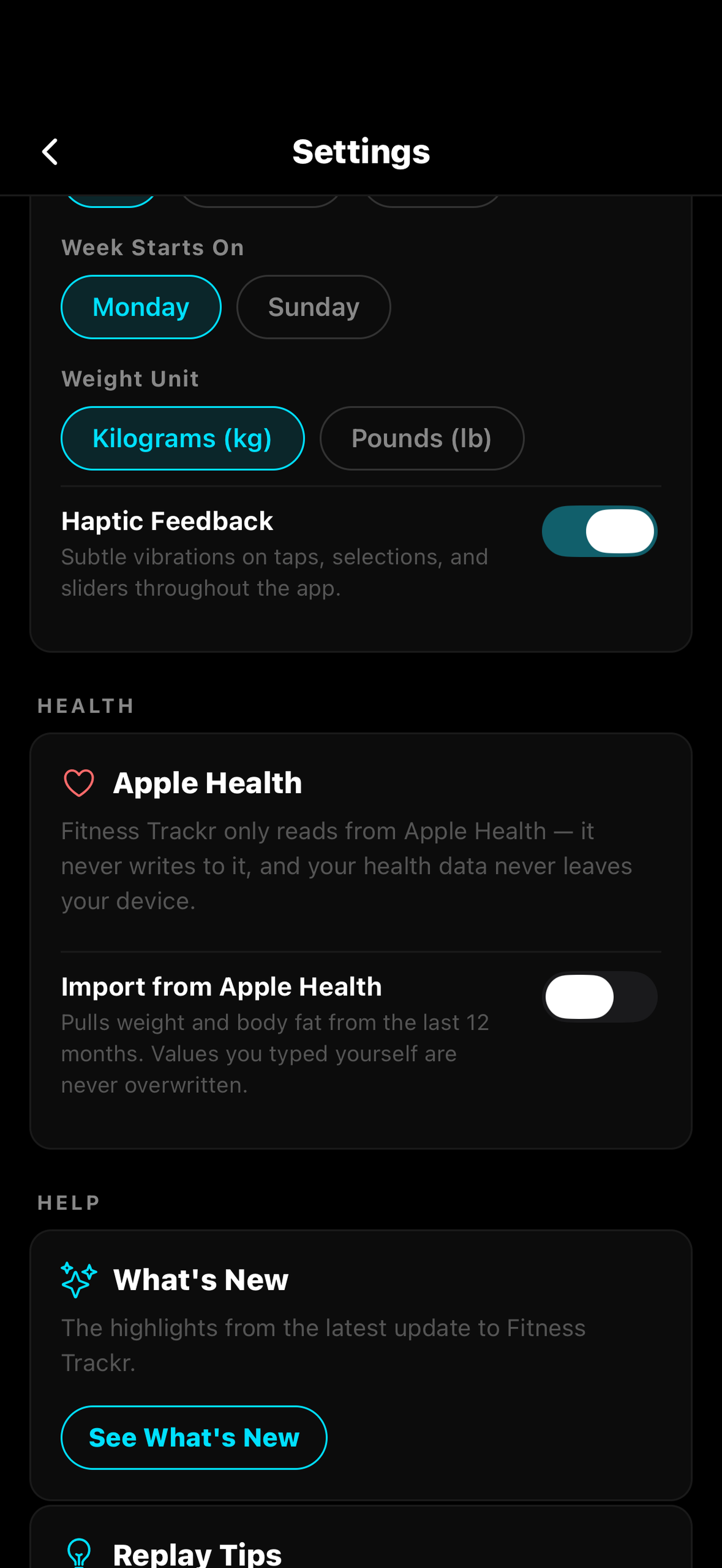 The Settings screen showing the Health section with an Apple Health card and the Import from Apple Health toggle.