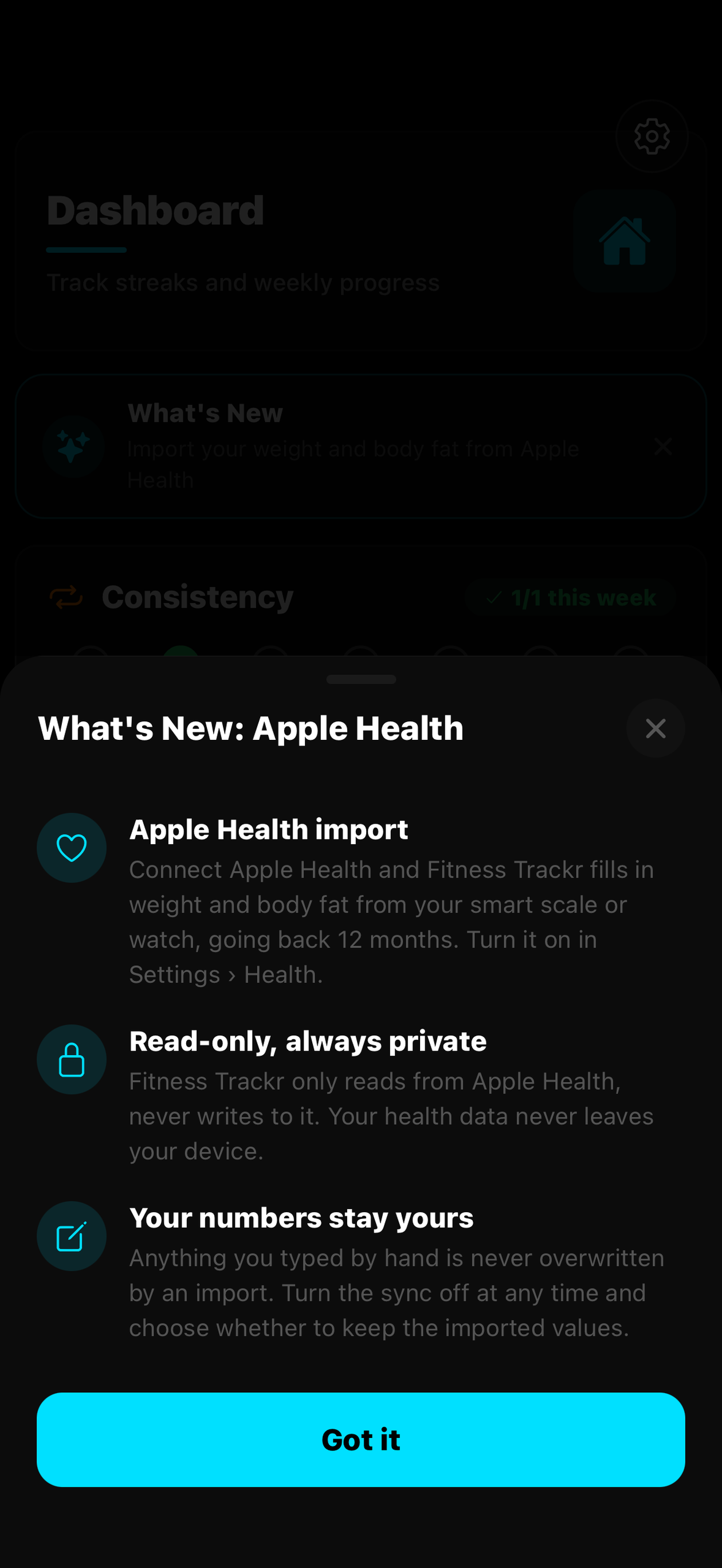 A sheet titled What's New, Apple Health, listing the Apple Health import, its read-only privacy, and the promise that hand-entered numbers stay.